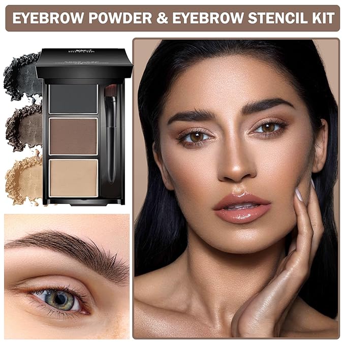 Eyebrow Stamp Stencil Kit Eye Brow Stencil Kit Brow Stamp Kit Long Lasting Waterproof Eyebrow Makeup Powder Kit with 24 Reusable Eyebrow Stencils - 03 Skin Color&Brown&Gray Black