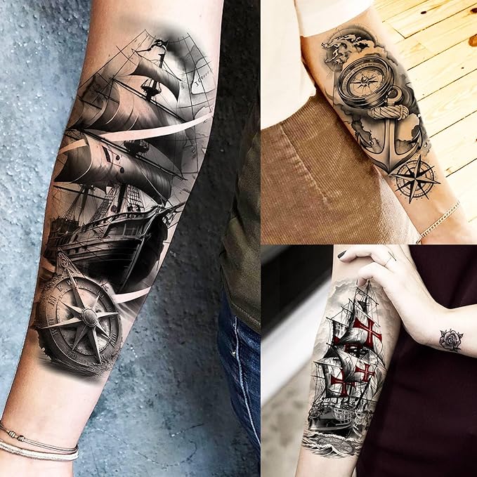 71 Sheets Sailing Ship Temporary Tattoos For Men Adults Forearm, Half Arm Sleeve Tattoo For Women Pirate Compass Anchor Faith Belief Family, Realistic Fake Tattoo Stickers Sea Wave Birds Skull Shark