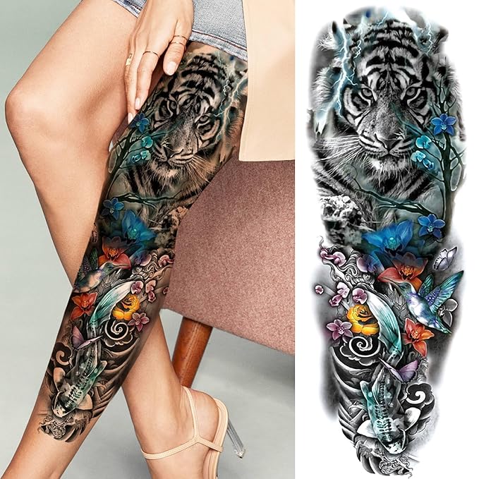20 Sheets Large Tiger Full Arm Temporary Tattoos For Women, 8 Sheets Full Sleeve Tattoos For Men Tiger Lion Eagle Owl Compass Flower, 12 Sheets Half Arm Tattoo Sleeve For Adults Ship Skull