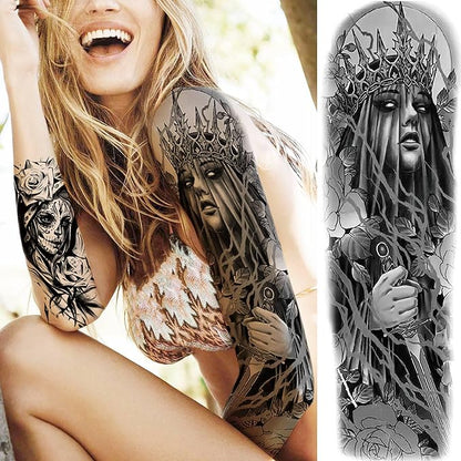 20 Sheets Gothic Nun Girl Prayer Full Arm Sleeve Temporary Tattoos For Men Women Thigh, Zeus God Indian Chicano Gangster Wolf FLower Fake Tattoo Sleeve For Adults, Halloween Black Tattoo Sticker Skull