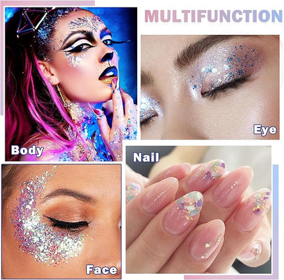 White Body Face Glitter Gel Makeup Hair Glitter Gel Long Lasting Shiny Holographic Chunky Sequins Halloween Festival Face Paint Glitter Gel Makeup - 01 Sparkling White