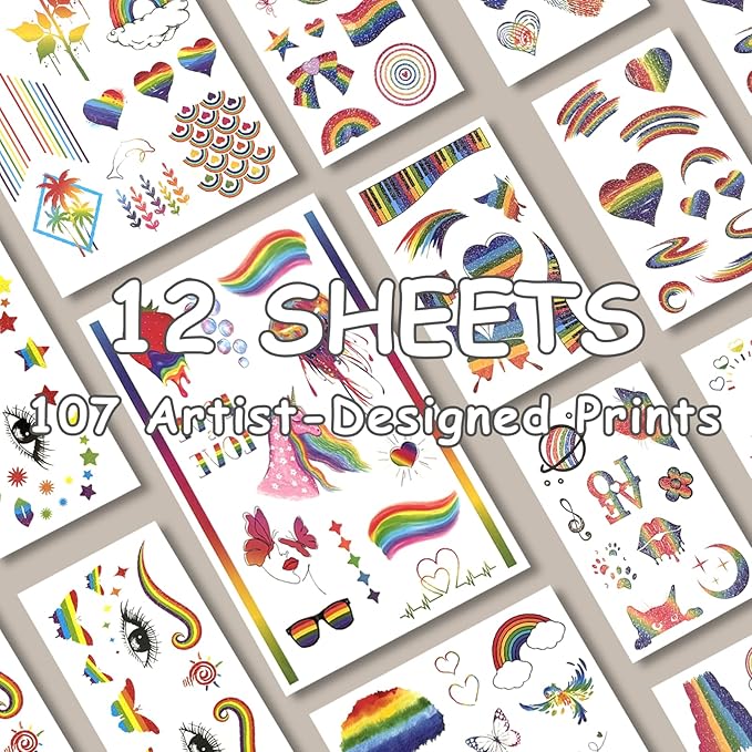 107PCS Artist-Designed Temporary Tattoos – LGBTQ+ Pride Fake Tattoos, Glitter Stickers for Adults, Festival Accessories & Fiesta Party Favors Kit