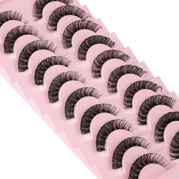 Newcally Lashes Nautral Look False Eyelashes Russian Strip Lashes Mink Wispy Lashes Pack D-curly Thick Full Volume Cat Eye Lashes Look Like Extensions 10 Pairs