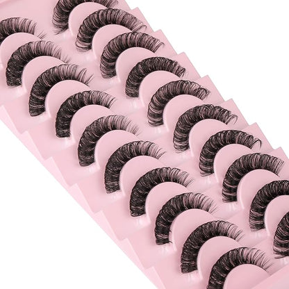 Newcally Lashes Nautral Look False Eyelashes Russian Strip Lashes Mink Wispy Lashes Pack D-curly Thick Full Volume Cat Eye Lashes Look Like Extensions 10 Pairs