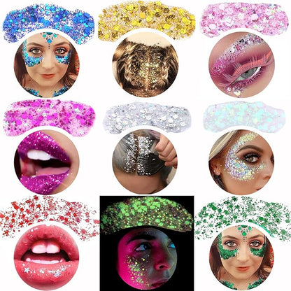 Face Glitter Gel, 2 Jars Holographic Chunky Glitter Makeup for Body, Hair, Face, Nail, Eyeshadow, Long Lasting and Waterproof Mermaid Sequins Liquid Glitter Total 6 Colors Available (Silver & White)