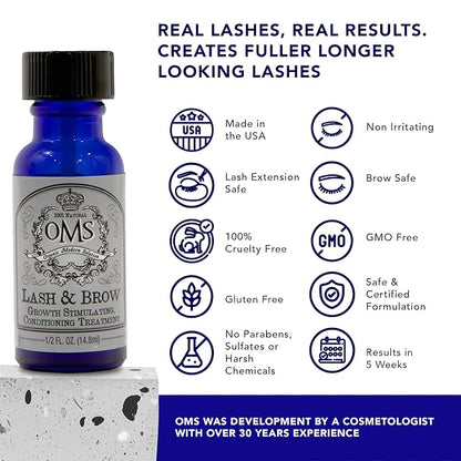 OMS Natural Eyelash Growth Serum - Premium Eyelash Enhancing Formula with Castor Oil & Batana Oil Organic - Thicker, Longer Lashes and Eyebrows in 5 Weeks, 8-12 Month Supply - Made in USA (15ml)