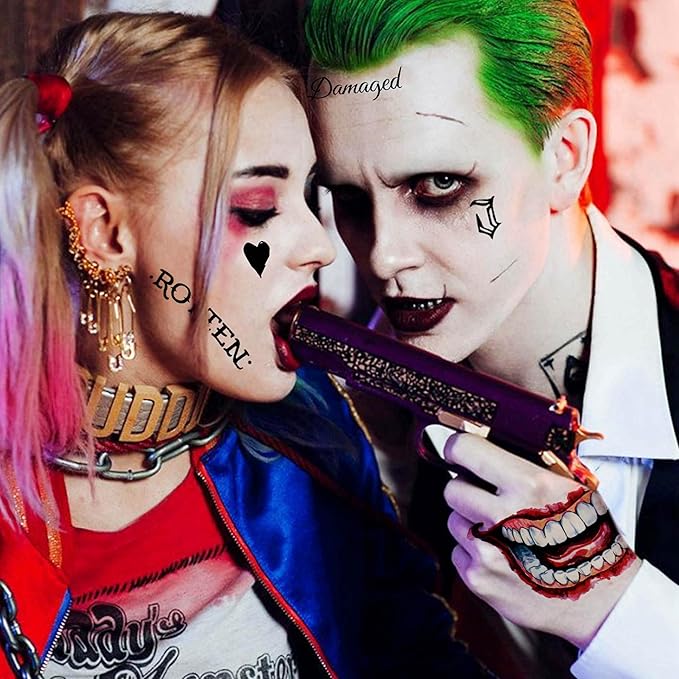 6 Sheets Halloween Joker Tattoo Sticker Decals, Damaged Joker Temporary Tattoos For Men Women Adults, Halloween Face HQ Tattoos Clown, Rave Party Accessories Costume Gothic Fake Tattoo Set
