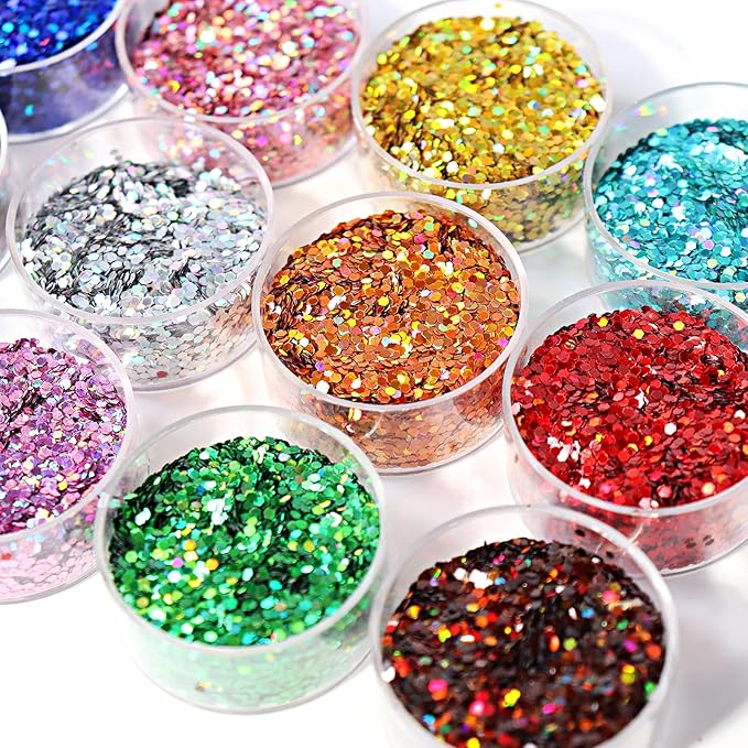 1mm Holographic Hexagon Chunky Glitter for Craft,12 Colors Assorted Chunky Glitter for Resin Arts,Laser Chunky Sequin for Body and Nail Art,Ornament Decoration