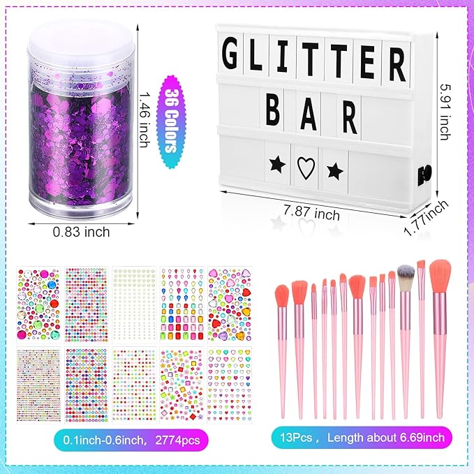 Maxdot The Glitter Bar Kit for Women Cinema Lightbox with Letters and Numbers 32 Colors Glitter Gem Stickers 2774pcs Gem Stickers Brushes for Girls Make Up Wedding Birthday Hen Holiday Party Gifts