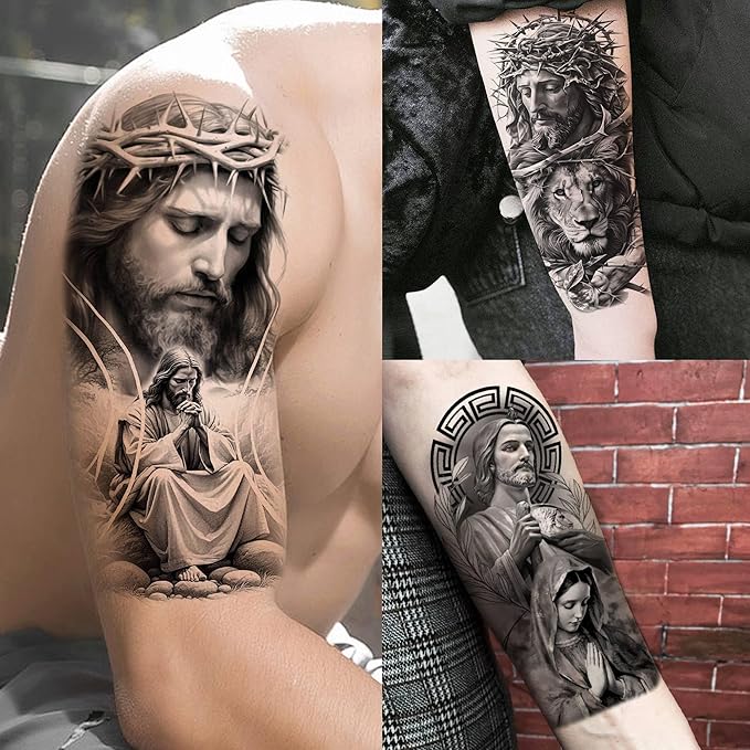 74 Sheets Jesus Christ Temporary Tattoos For Women Men, 12 Sheets Half Arm Large Religious God Christian Lion Cross Fake Tattoos Adults, 62 Sheets Realistic Angels Virgin Mary Tattoos Stickers Faith
