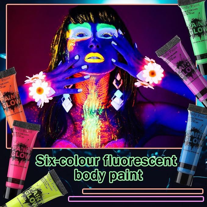 Glow in the Dark Face Body Paint,Blacklight Neon Halloween Face Paint,Neon Fluorescent Body Paint for Halloween Festivals Stage Christmas Party and Events,Set of 6 Tubes