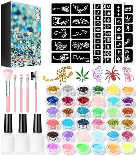 Temporary Glitter Tattoo Kit for Kids makeup,30 Body Glitter,3 Glitter Glue,5 Sheets Tattoos Stencil,5 Pcs Makeup Brush,6 Fluorescent Powder,Rhinestone Stickers,Holiday,Party,Nail Art