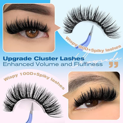 Lash Clusters Kit Spikes Wispy Lash Extension Kit Volume 80D+100D Eyelash Clusters Spikes Eyelash Extension Kit Russian D Curvature Individual Lashes with Lash Glue Bond and Seal, Tweezers