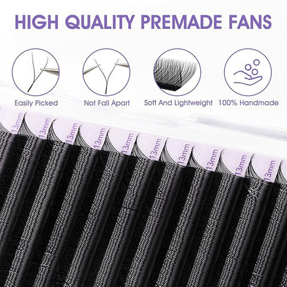 YY Eyelash Extension 0.07mm D Curl 11mm Tray Lash Supplies Premade Fans Y Shape Volume Lash 12 Rows Premium Faux Mink Lash Extensions (11mm, Black;0.07D)