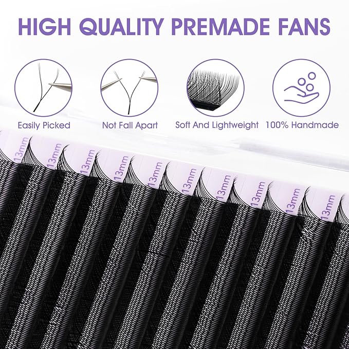 YY Eyelash Extension 0.07mm D Curl 10mm Tray Lash Supplies Premade Fans Y Shape Volume Lash 12 Rows Premium Faux Mink Lash Extensions (10mm, Black;0.07D)
