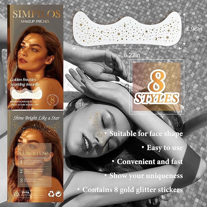 Makeup Patches - Gold Glitter Freckles Face Tattoo - Face Glitter Freckles - Sparkle Freckle Tattoo Makeup Patches for Women & Girls | Cosmetic Glitter for Face