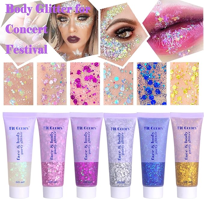 Body Glitter Face Glitter Gel: Singer Concerts Disco Festival Rave Accessories Face Glitter Makeup 150ml Chunky Sequins Mermaid Face Body Hair Glitter Gel (2 USA Pride)