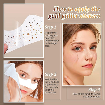 Makeup Patches - Gold Glitter Freckles Face Tattoo - Face Glitter Freckles - Sparkle Freckle Tattoo Makeup Patches for Women & Girls | Cosmetic Glitter for Face
