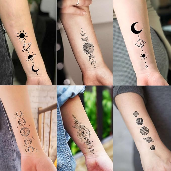 15 Sheets Realistic Space Planets Chain Temporary Tattoos For Women Men Arm Neck, Butterfly Solar System Moon Sun Star Fake Tattoo Sticker, Small Universe Tatoos Kids Girls Boys Forearm Body