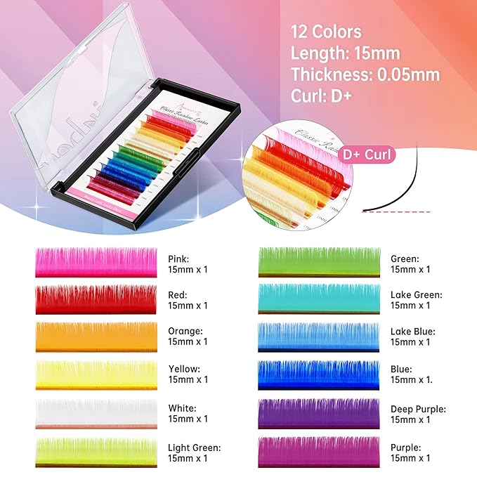 Beauty7 Colored Lash Extensions Rainbow Classic D+ Curl 0.05mm Thickness 15mm Dramatic Eyelashes Ombre 12 Colors
