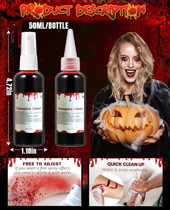 Fake Blood Spray Halloween Party Favors Washable Makeup Kit Zombie Vampire Accessories Costumes for Woman Skin Friendly Girls
