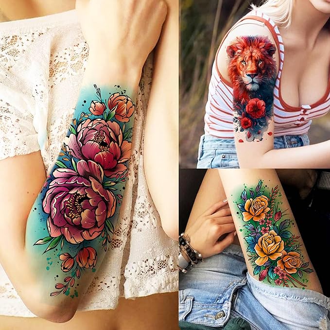 70 Sheets Watercolor Raccoon Phoenix Temporary Tattoos For Women Girls Adults, Water Color Tiger Lion Rose Flower Half Arm Sleeve Tattoo Stickers Peony Floral, Waterproof Fake Tattoos Butterfly Skull
