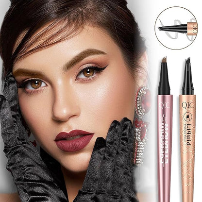 2 Pcs Eyebrow Tattoo Pencil,3D Microblade Eyebrow Pen with 4 Fork Tip Magic Eyebrow Pencil Waterproof Smudge-proof Natural Eyebrow Hair Micro Eye Brow Pencil for women (Dark Brown)