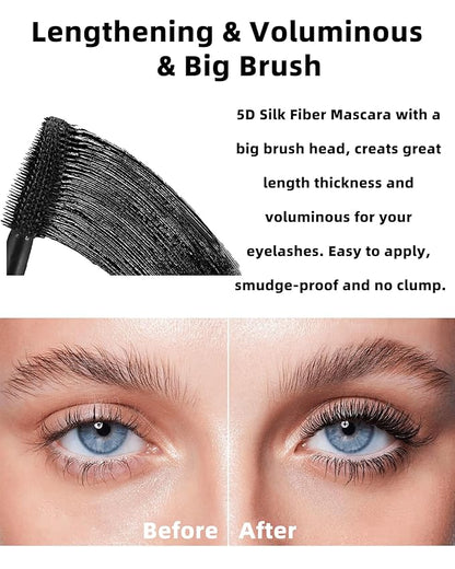 White Waterproof Mascara Primer for Eyelashes, 5D Silk Fiber Lash Extension Colored Tube Mascara with Eyelash Brush, Long Lasting Smudge-proof Volumizing Lengthening, Eye Makeup Party Gift for Women