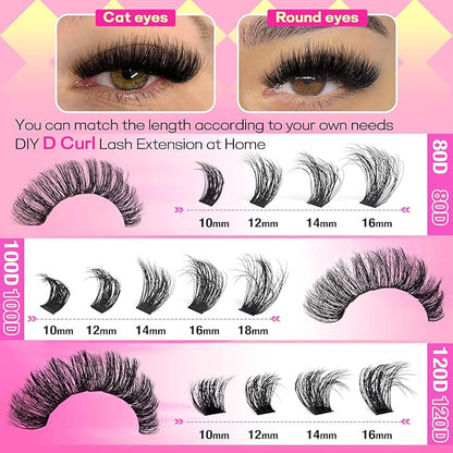 Lash Clusters Kit Thick Lash Extension Kit D Volume Lash Clusters 80D+100D+120D Eyelash Clusters Kit 10-18mm Eye Lash Clusters Wispy Individual Lashes with Bond and Seal