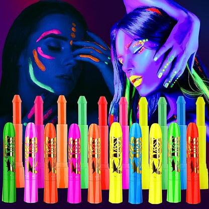 UV Neon Face & Body Paint Stick -10 Glow-in-the-Dark Colors for Halloween, Parties, Raves-Safe Non-Toxic UV Reactive Makeup for Skin, Cosplay & Festivals