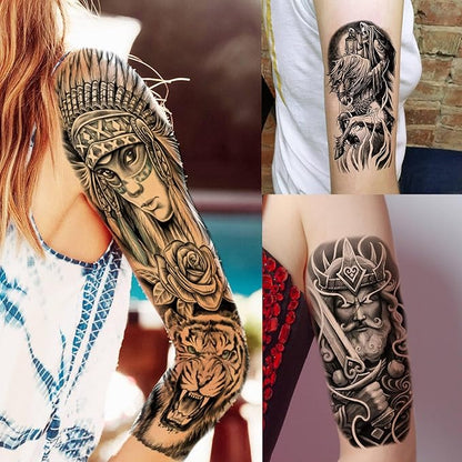 20 Sheets Gothic Nun Girl Prayer Full Arm Sleeve Temporary Tattoos For Men Women Thigh, Zeus God Indian Chicano Gangster Wolf FLower Fake Tattoo Sleeve For Adults, Halloween Black Tattoo Sticker Skull