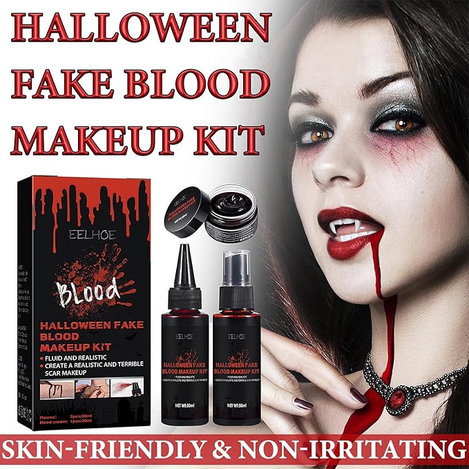 3Pcs Fake Blood Halloween Special Effects SFX Makeup Kit,Fake Blood Spray Makeup,Coagulated Blood Realistic Dripping Fake Blood Washable for Clothes Zombie Vampire Cosplay Costume Monster