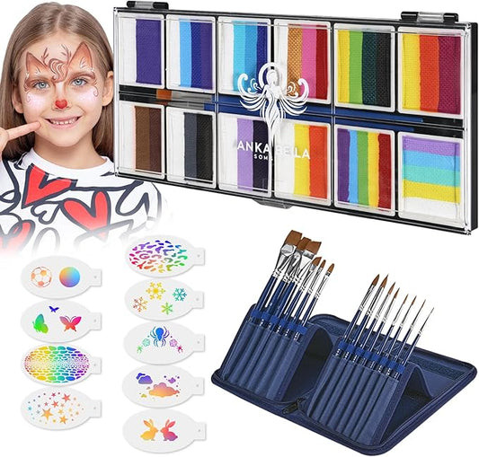 Professional Face Painting Kit for Kids,12X10gm Water Based Split Cake Face Paint with Stencil & Brushes,Hypoallergenic & Non-Toxic,Gift for Birthday Parties/Halloween/Carnival
