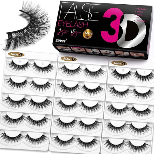 Eliace False Eyelashes Natural look Cat Eye Lashes Wispy Strips,3D Mink Lashes Fake Eyelashes Volume Fluffy Thin Soft Band Comfortable Long Thick Dramatic Cross Eyelash Reusable,15 Pairs, Lexie Style