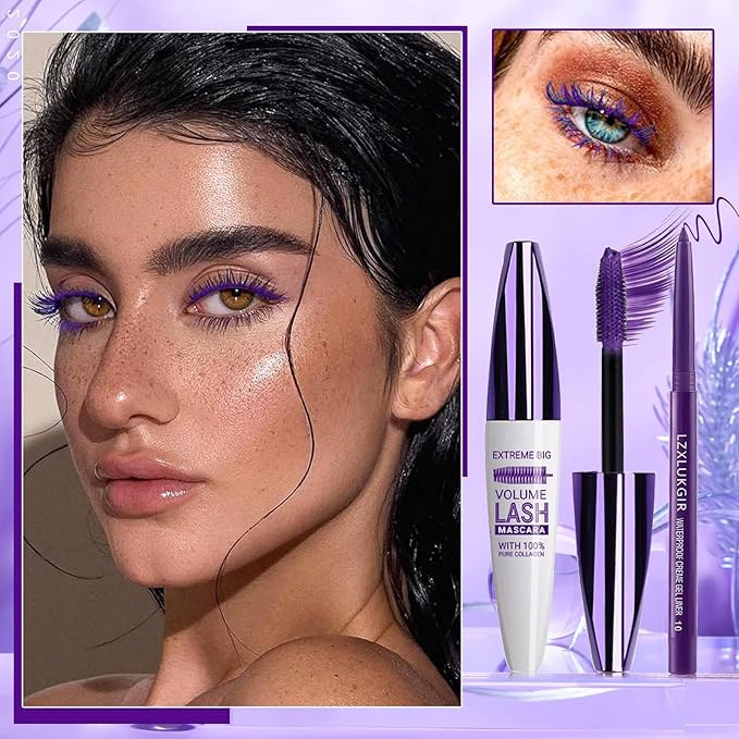 Purple Volumizing Mascara&Eyeliner Set,5D Length Colored Mascara,Long-Lasting&Smudge-Proof No Clumping,Longwear Fiber Waterproof Mascara for Women Eye Makeup