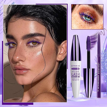 Purple Volumizing Mascara&Eyeliner Set,5D Length Colored Mascara,Long-Lasting&Smudge-Proof No Clumping,Longwear Fiber Waterproof Mascara for Women Eye Makeup