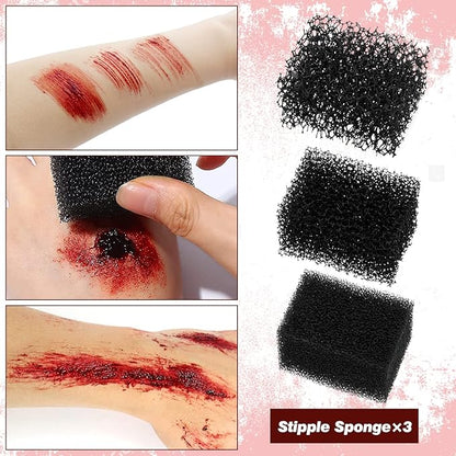 Halloween SFX Makeup Kit, Halloween Special Effects Wound Modeling, Scar Wax with Spatula, Fake Blood, Coagulated Blood Gel, Spirit Gum, Extension Oil, Stipple Sponge for Halloween Cosplay Makeup
