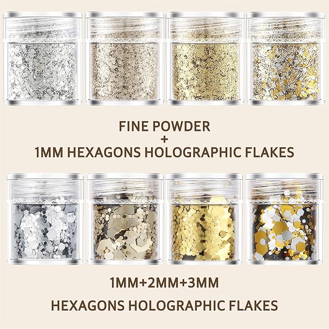 GABOX 8-Jar Gold Silver Glitter Set, Holographic Fine Powder & 1mm & 2mm & 3mm Sequins Flakes Set for Cosmetic - Nail - Resin, Iridescent Art Glitter for Body, Face, Eyes, Hair & Crafts
