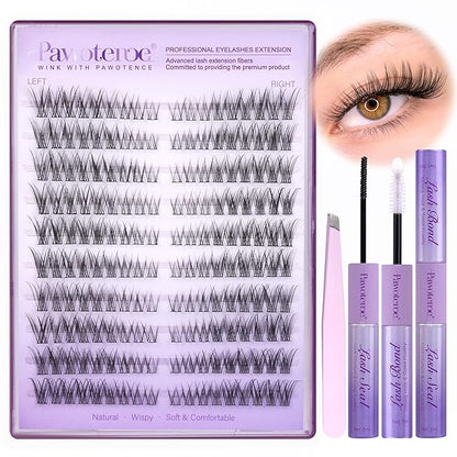 Pawotence Wispy Lash Clusters Kit Cat Eye Lash Extension Kit 180pcs Natural Individual Lashes Left Right Cluster Eyelash Extensions Kit with Lash Bond and Seal, Lash Tweezers for Self Application