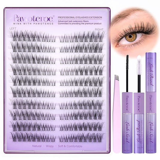 Pawotence Wispy Lash Clusters Kit Cat Eye Lash Extension Kit 180pcs Natural Individual Lashes Left Right Cluster Eyelash Extensions Kit with Lash Bond and Seal, Lash Tweezers for Self Application