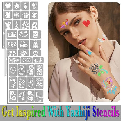 Yazhiji 390 PCS Temporary Tattoo Stencils, Face and Body Paint Stencils Kit, Girl Boy Glitter Tattoos Stencils Pack for Kids School Show Birthdays Halloween Christmas Party Favor Supplies