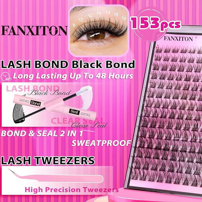 DIY Lash Extension Kit Natural Look Wispy Lash Clusters D 154 pcs Lashes Clusters 8-16 mm Eyelash Extension Kit Lash Bond and Seal Lash Tweezers Individual Lashes Lash Cluster Kit For Beginners