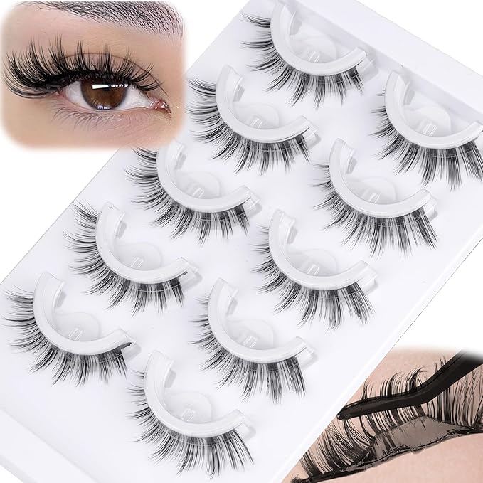 Self Adhesive Lashes Manga Lashes Natural Look Press On Lashes No Glue Needed Reusable Self Adhesive Eyelashes without Eyeliner Clear Band Anime Lashes Short 8-15mm Cat Eye Pre Glued Strip Lashes