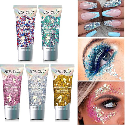 Body Face Chunky Glitter Gel - Face Sparkles Glitter Gel Makeup for Singer Concerts Disco Festival Rave Accessories 30ml Chunky Sequins Mermaid Face Body Hair Glitter Gel (White&Silver&Pink)