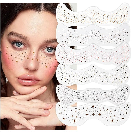 6pcs Gold Face Makeup Patches, Glitter Face Freckles,Waterproof Face Glitter Speckles Patches,Sliver Fake Freckle for Party Makeup