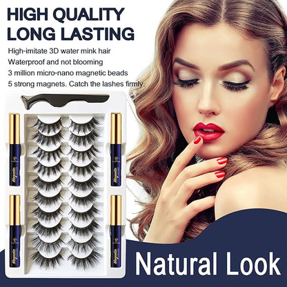 SevenCrown Magnetic Lashes with Eyeliner Kit - 10 Pairs 3D Medium Cat Eye Lashes - Upgraded Magnetic Liner Long Lasting,Natural Look - Reusable Magnetic Eyelashes Kit with Applicator, Easy to Apply