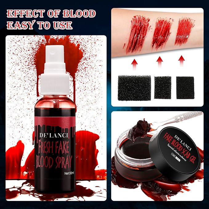 Halloween Fake Blood Makeup Kit - Edible Fake Blood Gel 1.06oz + Fake Blood Spray 1.76oz + Coagulated Blood 1.06oz, Realistic Washable Special Effects SFX Makeup Set for Zombie Vampire Monster Cosplay