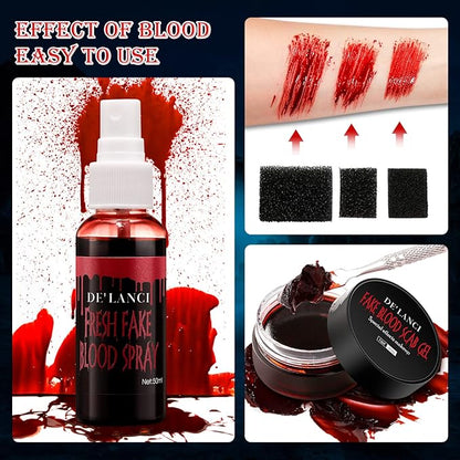 Halloween Fake Blood Makeup Kit - Edible Fake Blood Gel 1.06oz + Fake Blood Spray 1.76oz + Coagulated Blood 1.06oz, Realistic Washable Special Effects SFX Makeup Set for Zombie Vampire Monster Cosplay