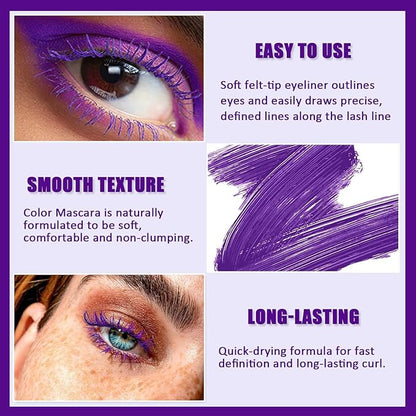 Purple Volumizing Mascara&Eyeliner Set,5D Length Colored Mascara,Long-Lasting&Smudge-Proof No Clumping,Longwear Fiber Waterproof Mascara for Women Eye Makeup