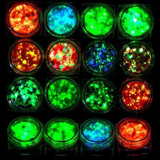 Glow in The Dark Chunky Glitter 12 Boxes Luminous Iridescent Glitter Tiffany Rose Yellow Flakes for Face Eyes Body Hair DIY Nail Art Decals (A)